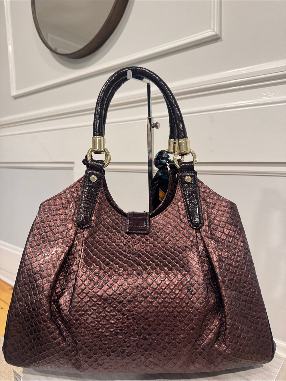Brahmin Bag Elisa Brown Purple Python Embossed Satchel with Matching Pouch - Picture 8 of 17